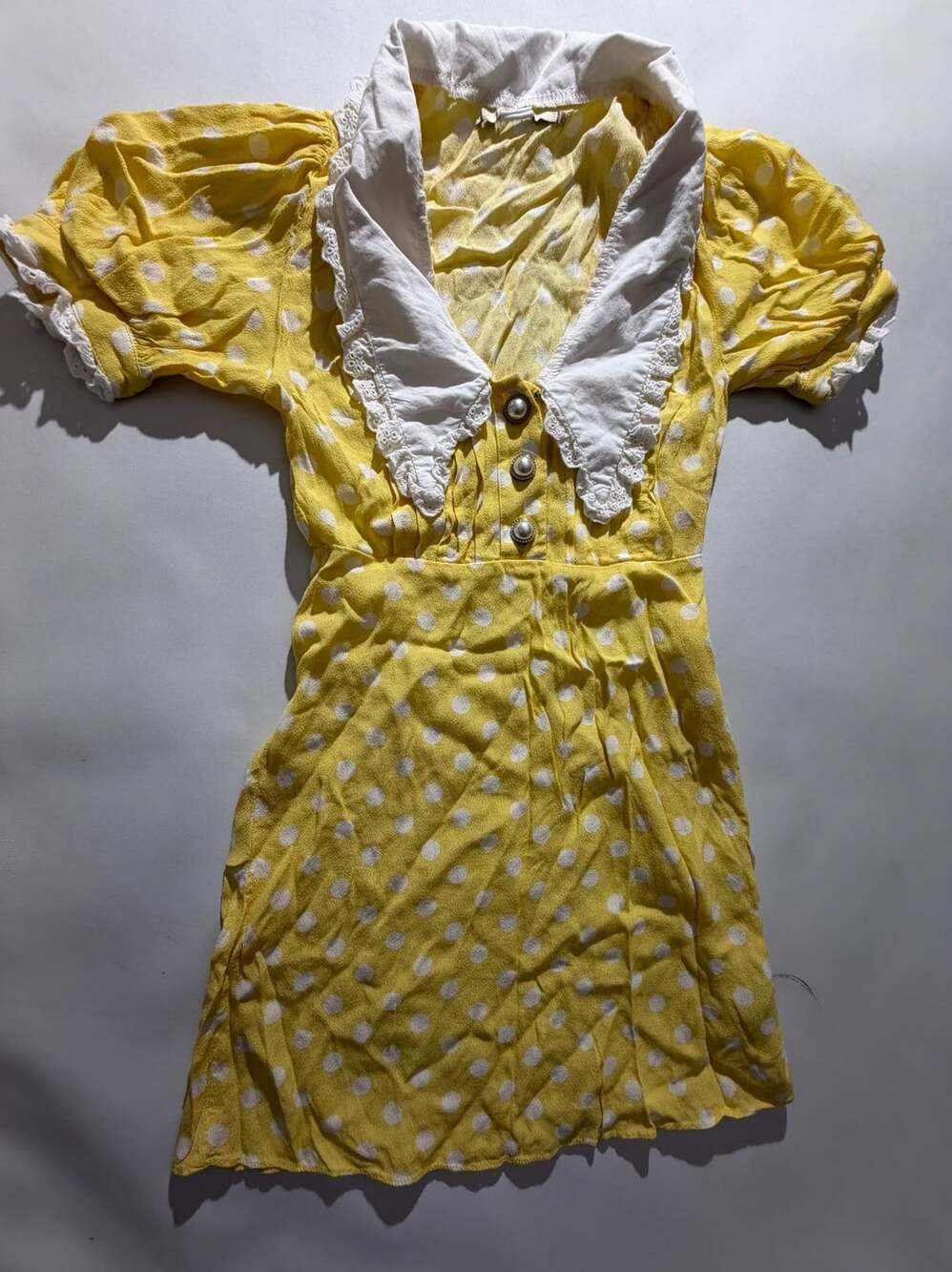 Kimchi Blue XS Yellow Polka Dot Mini Dress Puff Sleeve Lace Collar Boho